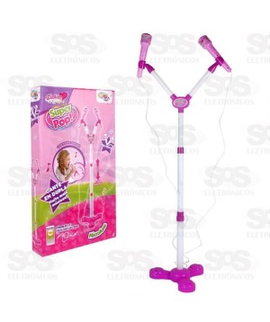 Microfone Karaokê Som LED Conecta Celular Pedestal  Duplo Toy King TK-1959