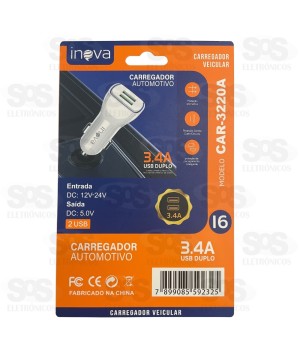 Carregador Veicular 2 USB 3.4A Com Cabo Iphone Inova CAR-3220A
