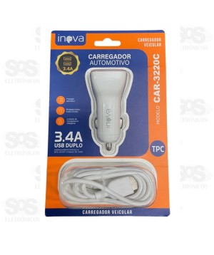 Carregador Veicular 2 USB 3.4A Com Cabo Type C Inova CAR-3220C