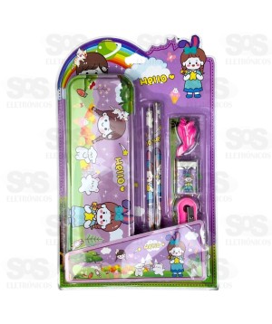 Kit Escolar 7 Peças Com Estojo Polibrinq SCB84