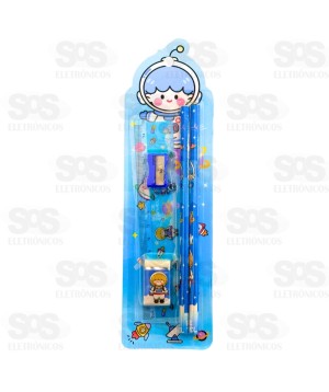 Kit Escolar 5 Peças Com Estojo Polibrinq SCB64