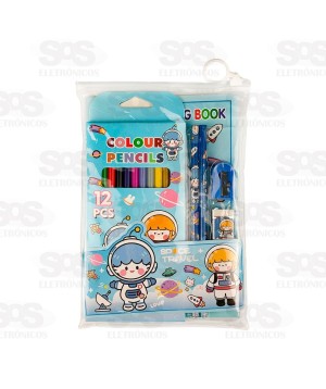 Kit Escolar 17 Peças Com Livro De Colorir Polibrinq SCB58
