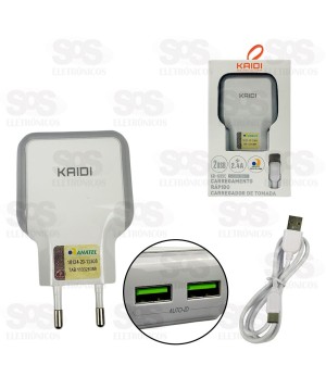 Carregador 2 USB 2.4A Com Cabo Type C Kaidi KD-605C