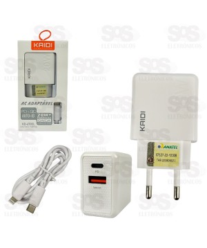 Carregador USB 3.0 + PD 20W Com Cabo Lightning Kaidi KD-670CL