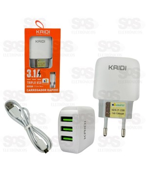 Carregador 3 USB 3.1A Com Cabo Micro USB V8 Kaidi KD-557S