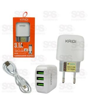 Carregador 3 USB 3.1A Com Cabo Lightning Kaidi KD-557A