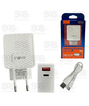 Carregador USB 3.0 + PD 40W Com Cabo Type C Inova CAR-3133C