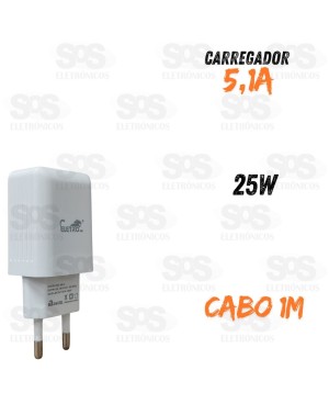 Carregador 25W USB 5.1A Cabo Micro USB V8 Eletromex EL-4014-V8