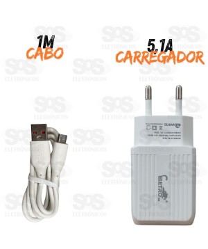 Carregador 25W USB 5.1A Cabo Micro USB V8 Eletromex EL-4013-V8