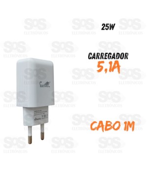 Carregador 25W USB 5.1A Com Cabo Type -C  Eletromex EL-4014-TY