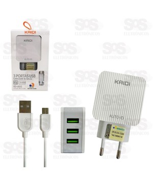 Carregador 3 USB 3.1A Com Cabo Micro USB V8 Kaidi KD-606S
