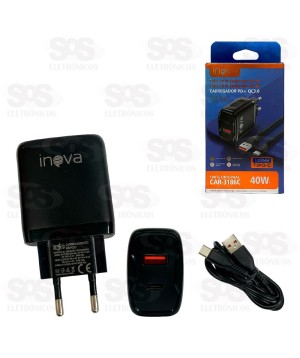Carregador USB+PD 40W Com Cabo Type C Inova CAR-3186C