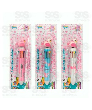 Caneta Com 10 Cores Flamingo Polibrinq SCB31