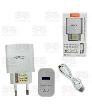 Carregador Turbo QC3.0 18W Com Cabo Micro USB V8 Kaidi KD-111S