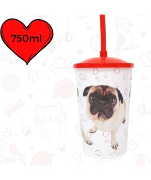 Copo Plástico Com Canudo 750ML Dog Pug 0173A