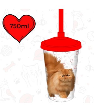 Copo Plástico Com Canudo 750ML Cat Persa 0179B