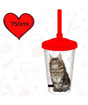 Copo Plástico Com Canudo 750ML Cat Maine Coon 0182A