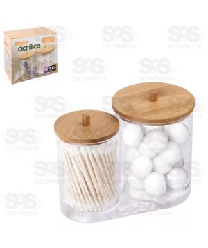 Porta Cotonete e Algodão Duplo Tampa de Bambu Top Útil 1648