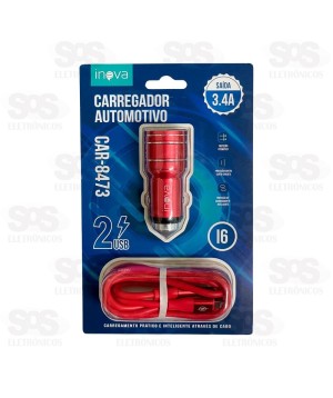 Carregador Veicular 2 USB 3.4A Cabo Iphone Inova CAR-8473