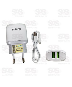Carregador 2 USB 2.4A Com Cabo Micro USB V8 Kaidi KD-556S