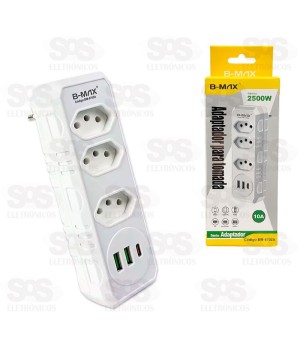 Adaptador 3 Tomadas Com USB e Type C B-Max BM-8702A