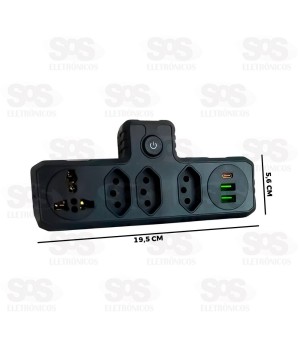 Adaptador 3 Tomadas Com USB e Type C B-Max BM-8704B