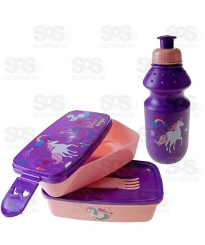 Kit Marmita Infantil Unicórnio Com Colher e Garrafa Caerus