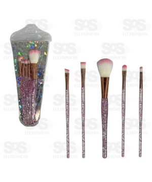 Kit 5 Pincéis Para Maquiagem Cabo Brilhante