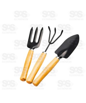 Kit  Jardim Com Pá Garfo e Rastelo Cabo Madeira Ivon 3053