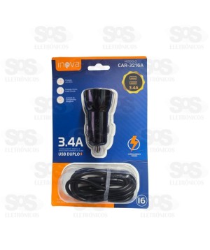 Carregador Veicular 2 USB 3.4A Cabo Iphone Inova CAR-3216A