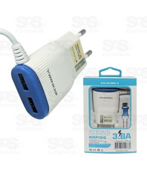 Carregador Micro USB V8 3.6A 2 USB Anatel Ecooda 11081 / 11079 / 11078
