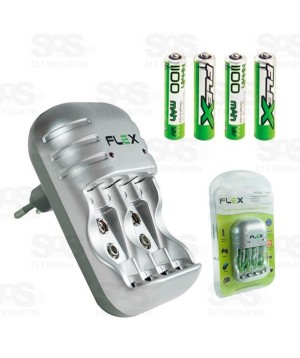 Carregador Com 4 Pilhas AAA Recarregáveis Flex FX-C03 AAA