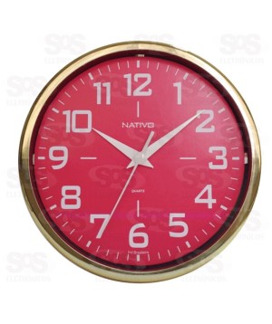 Relógio De Parede Redondo Metalizado Dourado E vermelho Nativo 80409-7